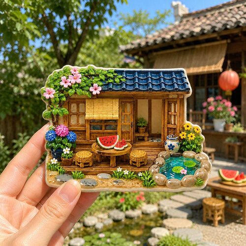 微缩农家小院树脂浮雕磁吸冰箱贴