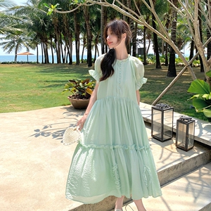 法式甜美木耳边泡泡袖显瘦连衣裙女2025夏圆领气质收腰长裙A字裙图片