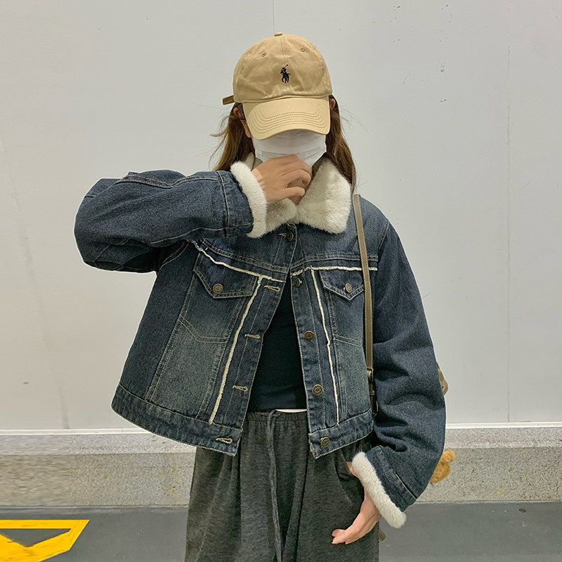 羊羔毛牛仔外套女2025冬季新款韩版设计感小个子加绒加厚短款棉衣图片