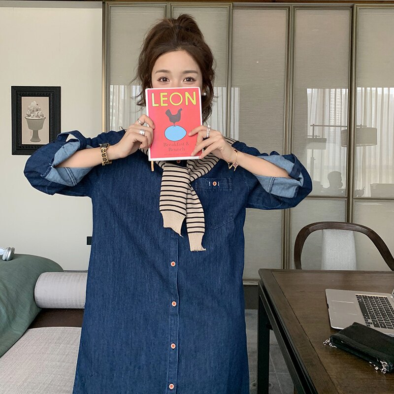 高级感披肩连衣裙女2025春秋季新款小个子休闲牛仔长袖衬衫连身裙图片