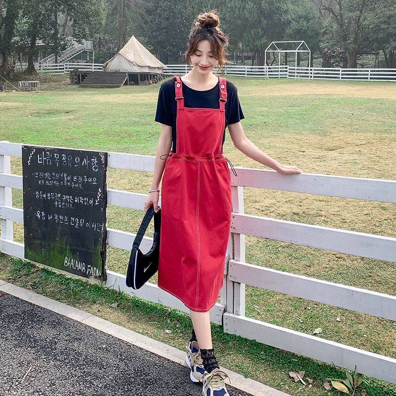 2022新款现货酒红色工装背带裙166-8202P80K128,女装连衣裙,茜茜公主