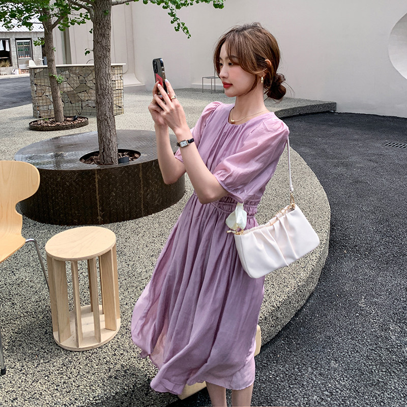法式优雅紫色泡泡袖茶歇裙女2025夏季新款复古气质超仙绝美连衣裙图片