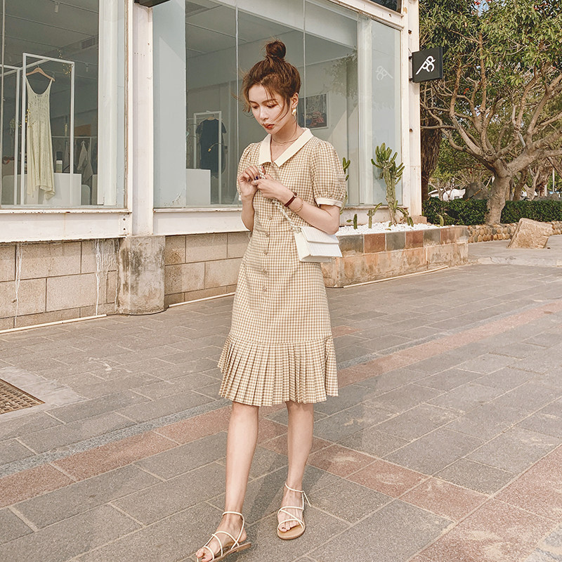 2022新款现货格子拼色中长款连衣裙166-8862P105K158，女装连衣裙，茜茜公主