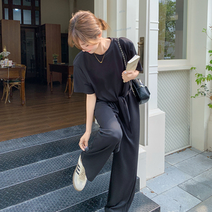 休闲运动黑色T恤阔腿裤套装女夏2025新款减龄气质ootd穿搭两件套,女装运动套装,茜茜公主