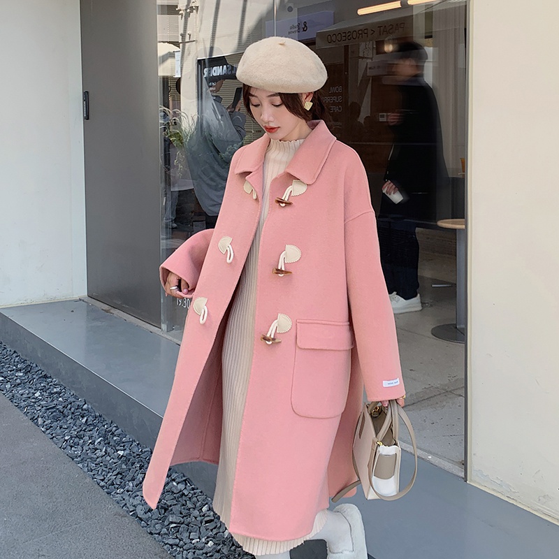 韩系粉色牛角扣双面羊绒大衣女中长款2024秋冬新款高级感羊毛外套，女装毛呢外套，茜茜公主