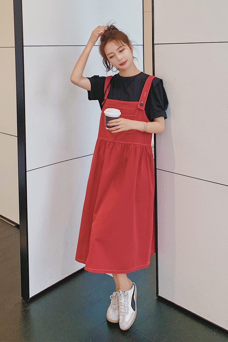 现货！2021夏装新款休闲减龄背带长裙166-8882P85K138红,女装连衣裙,茜茜公主