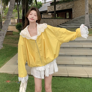 黄色蕾丝拼接连帽防晒衫外套女2025夏季新款洋气炸街小个子上衣潮图片