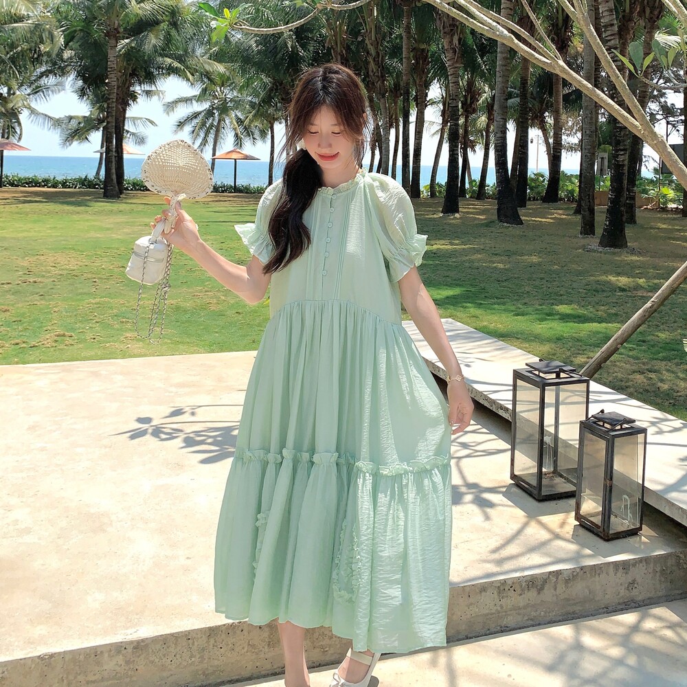 法式甜美木耳边泡泡袖显瘦连衣裙女2025夏圆领气质收腰长裙A字裙,女装连衣裙,茜茜公主