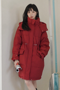 2022冬季现货韩版收腰中长款羽绒服166-8638P260K418酒红图片