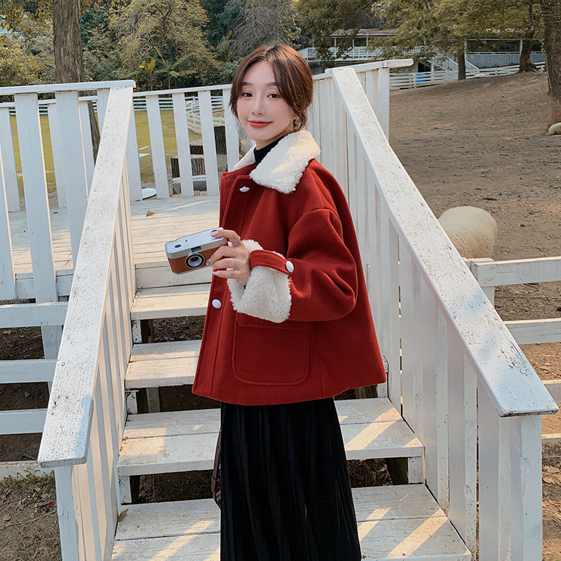 2022冬季新款现货圣诞红加厚羊羔毛领呢外套166-9966P165K268，女装毛呢外套，茜茜公主
