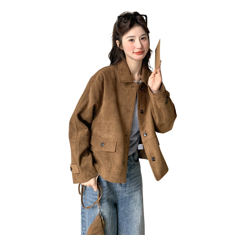 美拉德咖色短款麂皮外套女春秋2025年新款高级感又酷又飒减龄夹克,女装短外套,茜茜公主
