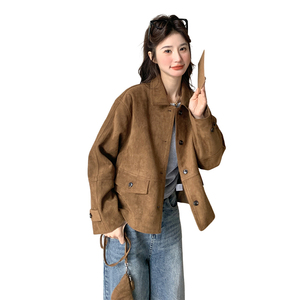 美拉德咖色短款麂皮外套女春秋2025年新款高级感又酷又飒减龄夹克图片
