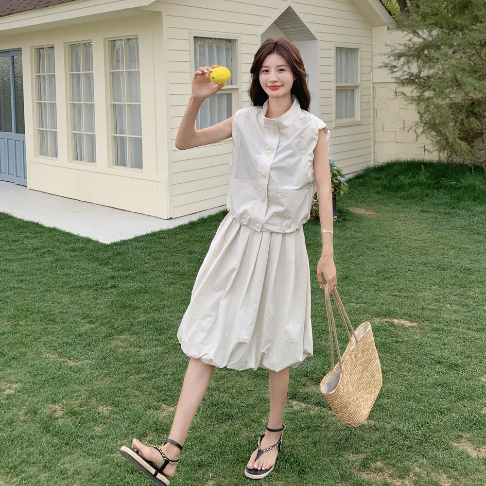 白色休闲立领马甲半身裙套装女2025夏新款高级感宽松小个子两件套,女装套装/套裙,茜茜公主