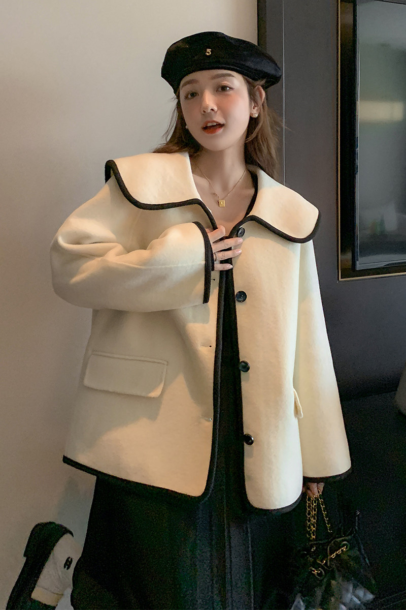2022冬季新款现货韩版宽松短款双面呢外套166-9902P235K358,女装毛呢外套,茜茜公主