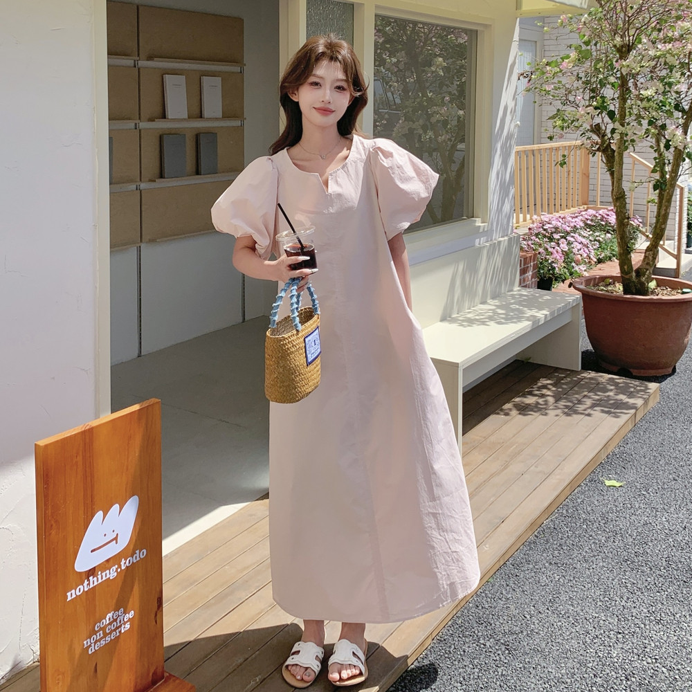 粉色法式浪漫泡泡袖连衣裙女2025夏季新款气质甜美温柔风A字长裙,女装连衣裙,茜茜公主
