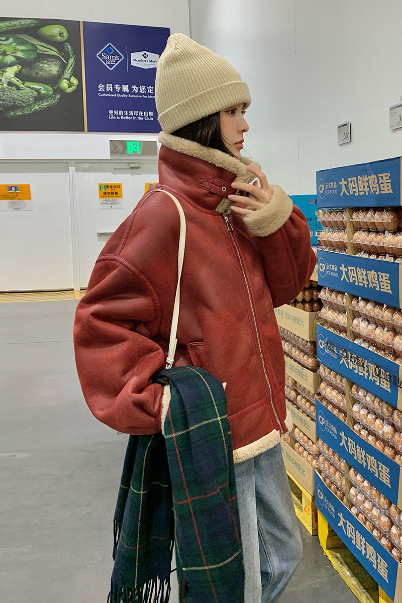 2025冬季新款现货安可拉红皮毛一体羊羔毛外套166-7736P185K278,女装短外套,茜茜公主
