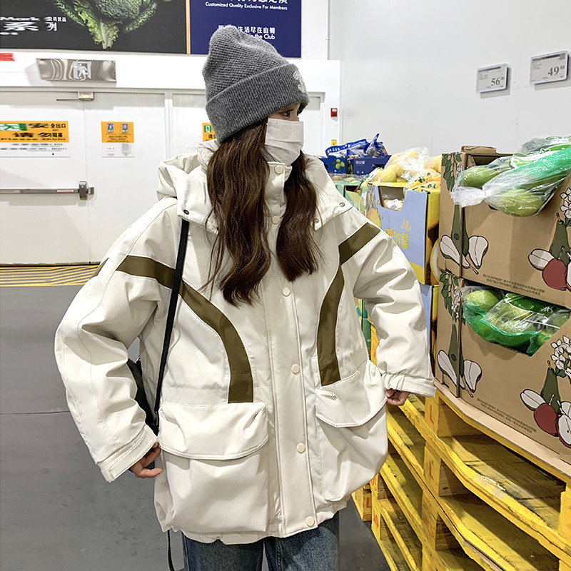 2025冬季撞色冲锋衣韩版外套工装羽绒服166-6668P320K418米色,女装短外套,茜茜公主