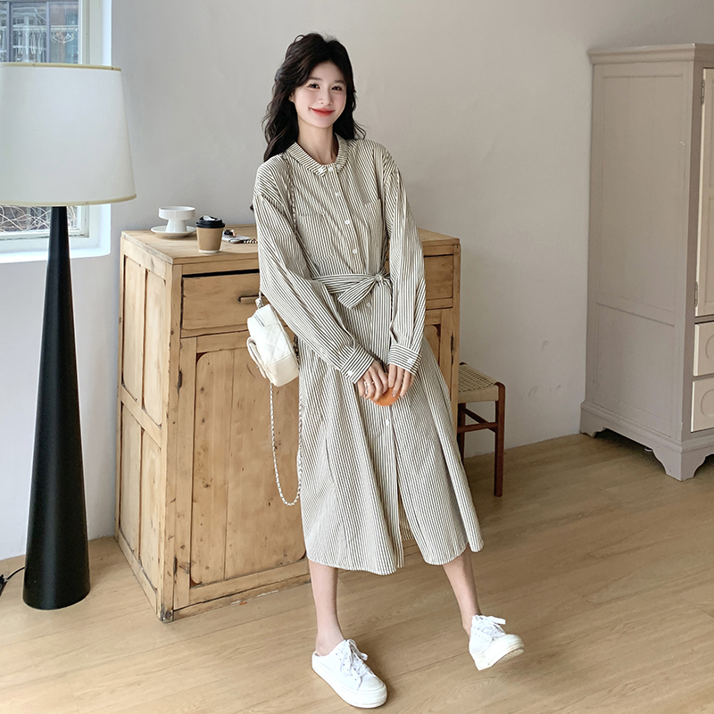 文艺风竖条纹长袖连衣裙女2025春新款韩系休闲宽松收腰显瘦衬衫裙，女装连衣裙，茜茜公主