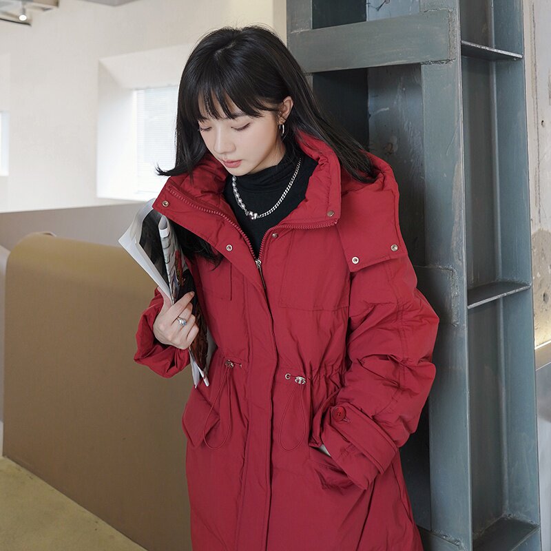 2022冬季现货韩版收腰中长款羽绒服166-8638P260K418酒红图片