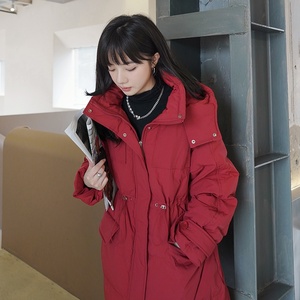 2022冬季现货韩版收腰中长款羽绒服166-8638P260K418酒红图片
