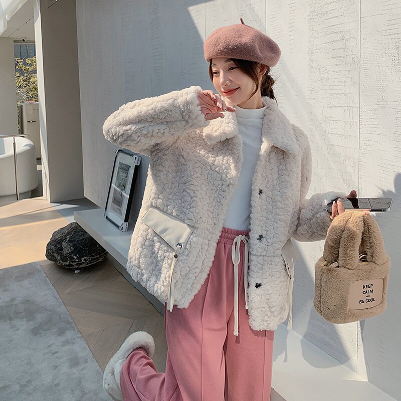 2022冬季新款现货兔毛羊羔毛外套166-9979P175K258粉色,女装短外套,茜茜公主