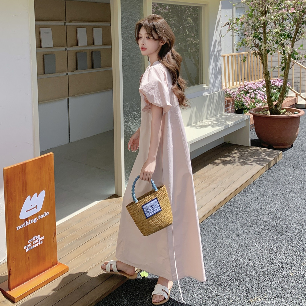 粉色法式浪漫泡泡袖连衣裙女2025夏季新款气质甜美温柔风A字长裙,女装连衣裙,茜茜公主