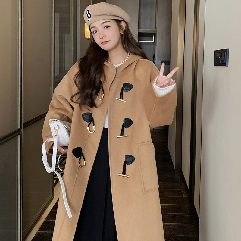 2022冬季新款现货金属牛角扣连帽双面呢外套166-9931P270K418图片