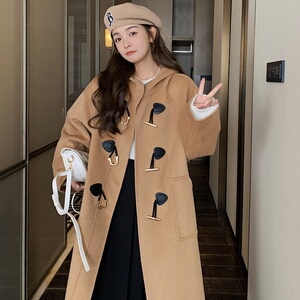 2022冬季新款现货金属牛角扣连帽双面呢外套166-9931P270K418图片