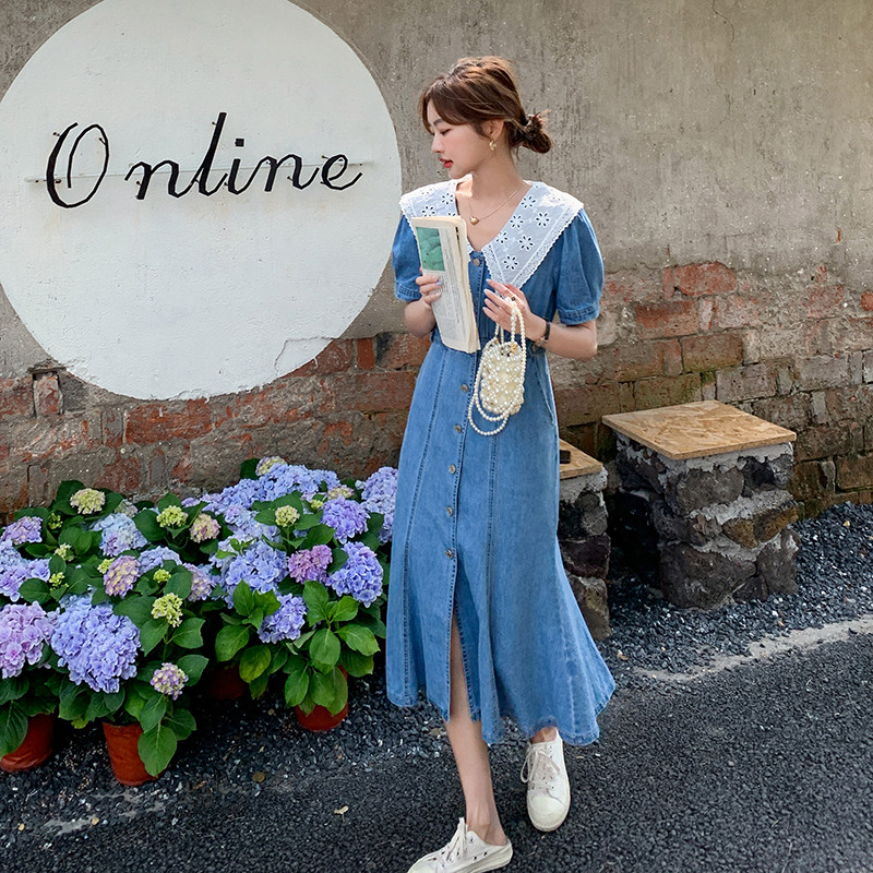2022新款现货蕾丝拼接感牛仔连衣裙166-8236P125K178，女装连衣裙，茜茜公主