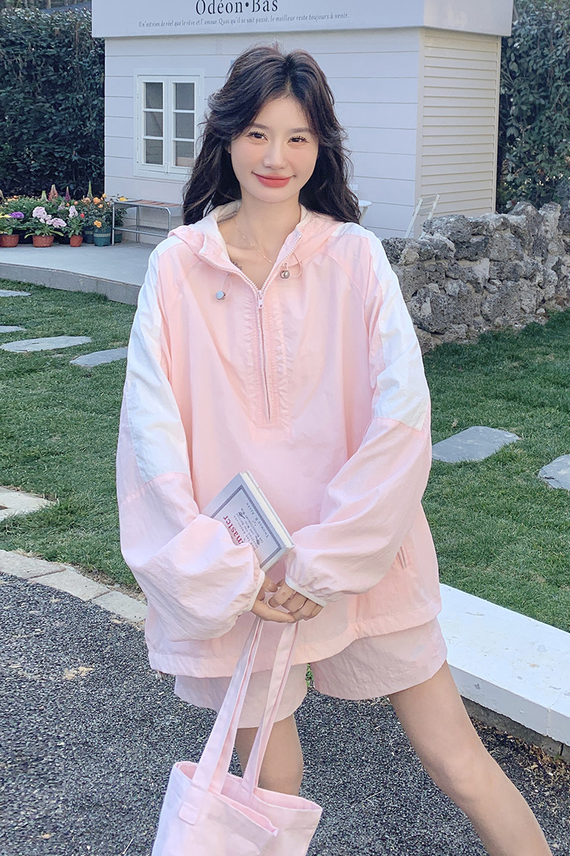 粉色休闲户外防晒衫短裤女2025春季新款学院风运动减龄宽松,女装运动套装,茜茜公主