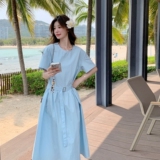 蓝色简单大方的连衣裙女夏2025新款超火减龄收腰显瘦高级感长裙子，女装连衣裙，茜茜公主