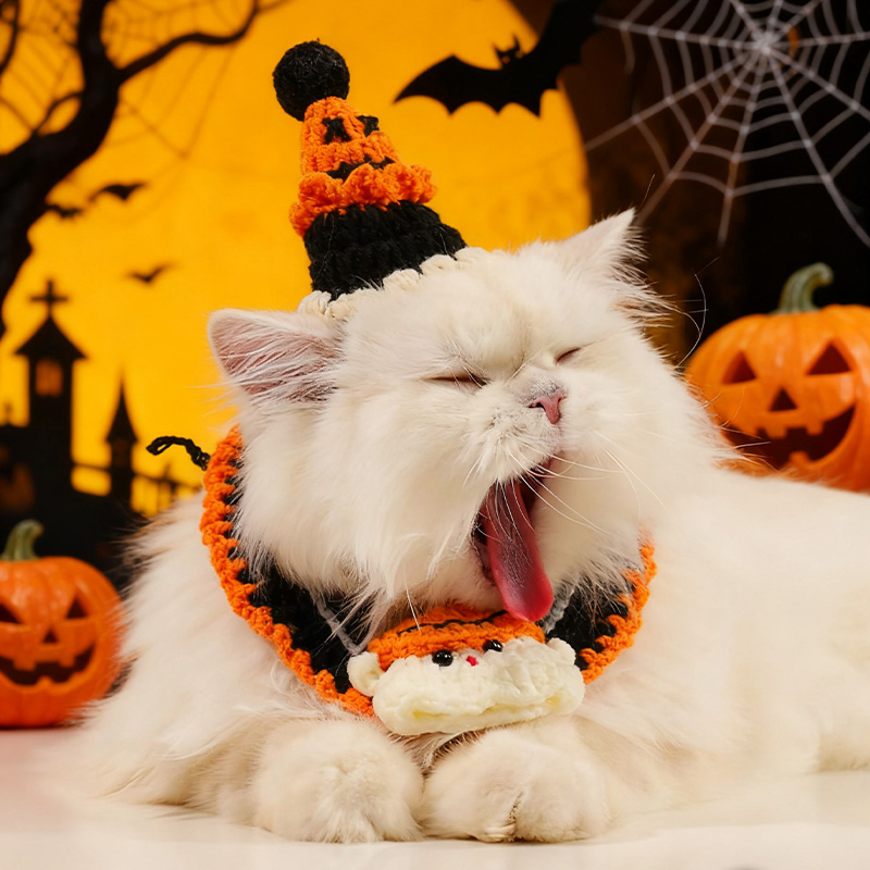 万圣节宠物围兜狗狗围脖猫咪帽子手工针织项圈南瓜装饰装扮衣服