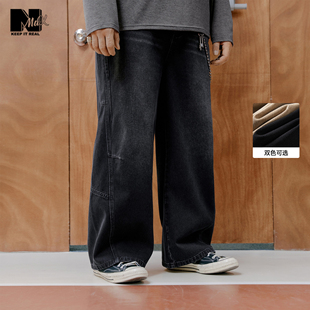 NMAX大码潮牌男装26年春季新款宽松直筒立体侧缝洗水黑色牛仔长裤