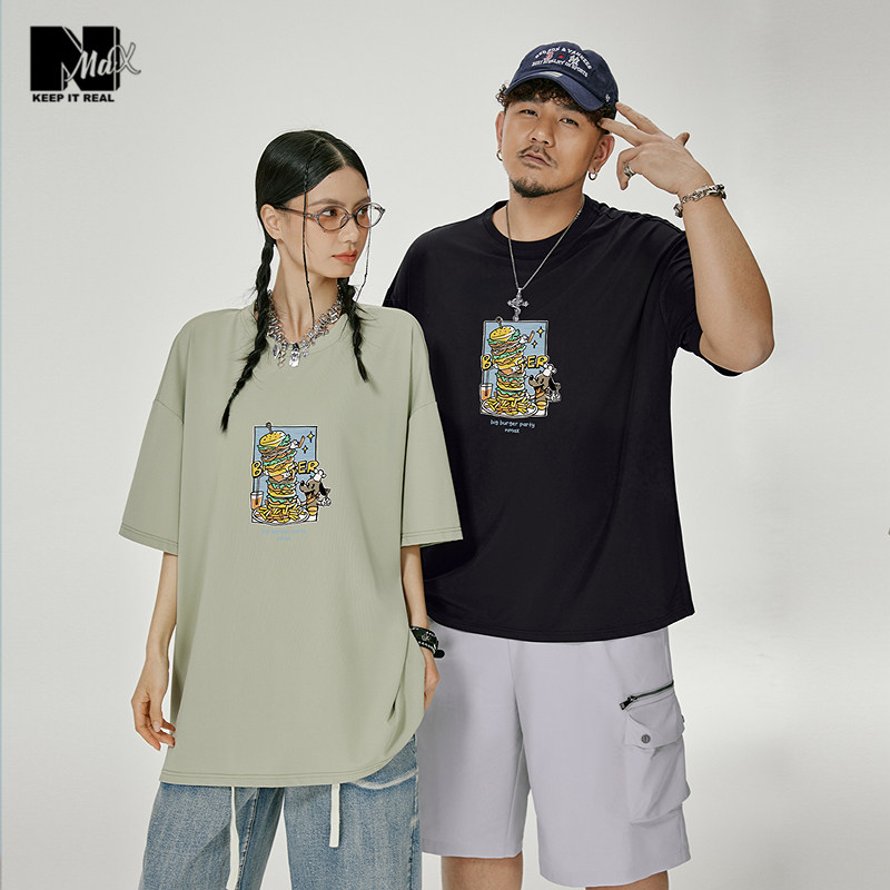 NMAX大码潮牌男装26年夏季新款美式漫画汉堡小狗印花圆领宽松T恤