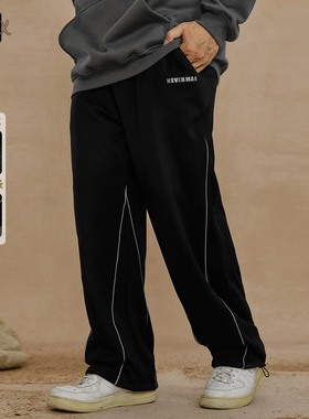 NMAX大码男装秋季反光条装饰加绒休闲裤黑色抽绳裤脚潮牌卫裤