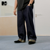 潮牌男装 26年春季 新款 NMAX大码 松紧腰抽绳印花拼接原色水洗牛仔裤