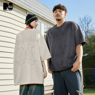 潮牌男装 T恤高街贴布绣情侣装 夏装 纯色绒感短袖 新品 NMAX大码