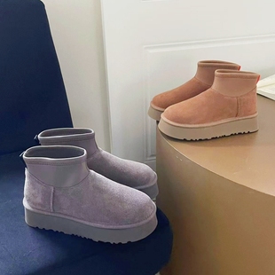 迪普mini短靴冬季新款厚底雪地靴女皮毛一体短筒加绒保暖棉鞋增高