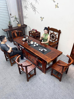 新品实木一体茶桌椅组合新中式简约家用功夫茶几现代老船木办公泡