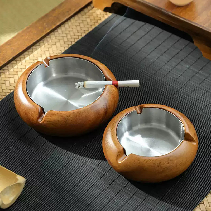 轻奢胡桃木不锈钢烟灰缸大容量