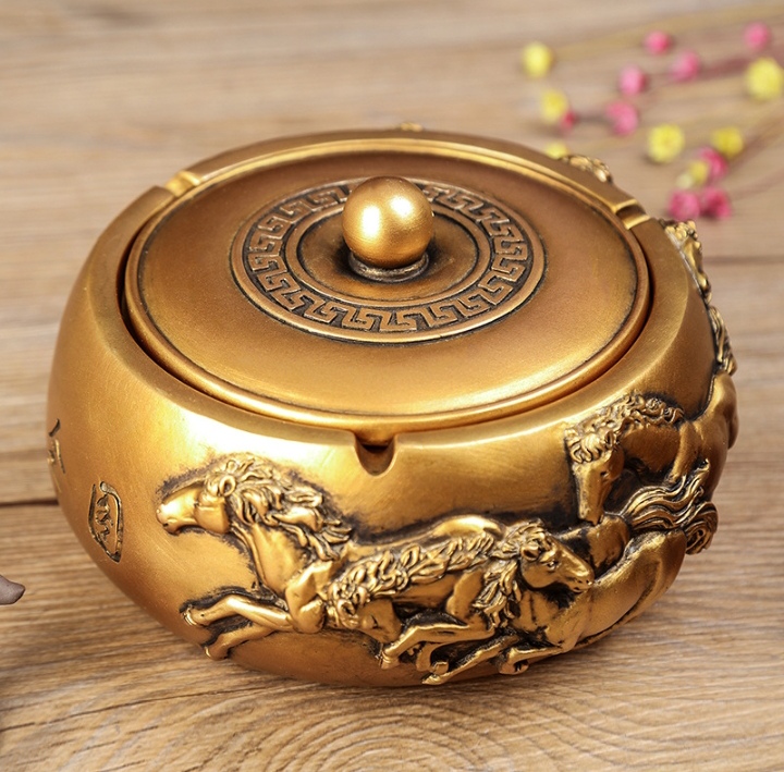 树脂带盖装饰烟灰缸大码 家用中式防灰复古创意潮流装饰 办公烟缸