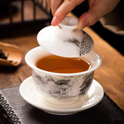 创意礼品名家徐福坤手工轻奢冰玉瓷盖碗三才杯大号家用中式八宝碗