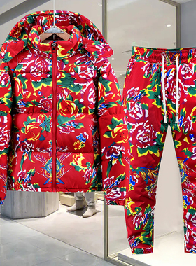 国潮东北大花棉袄套装冬季男女情侣防寒保暖棉服网红潮流喜庆棉衣