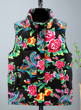 2025国潮东北大花棉袄羽绒棉马甲男女款冬季保暖背心棉服外套坎肩