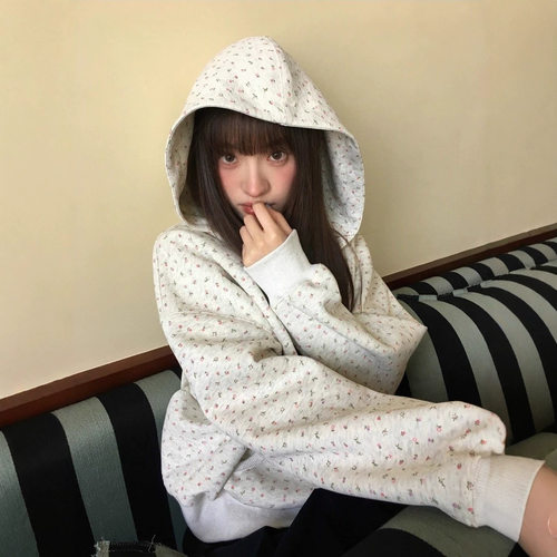 日系小碎花印花连帽卫衣女春秋季小清新款气质显瘦休闲上衣薄外套