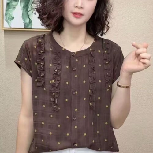 夏季新款圆领木耳短袖衬衫女