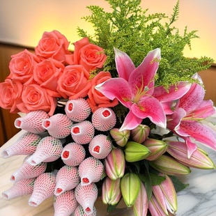百合10朵 玫瑰10只 配草1扎鲜花直播间现场直播 粉玫瑰套餐
