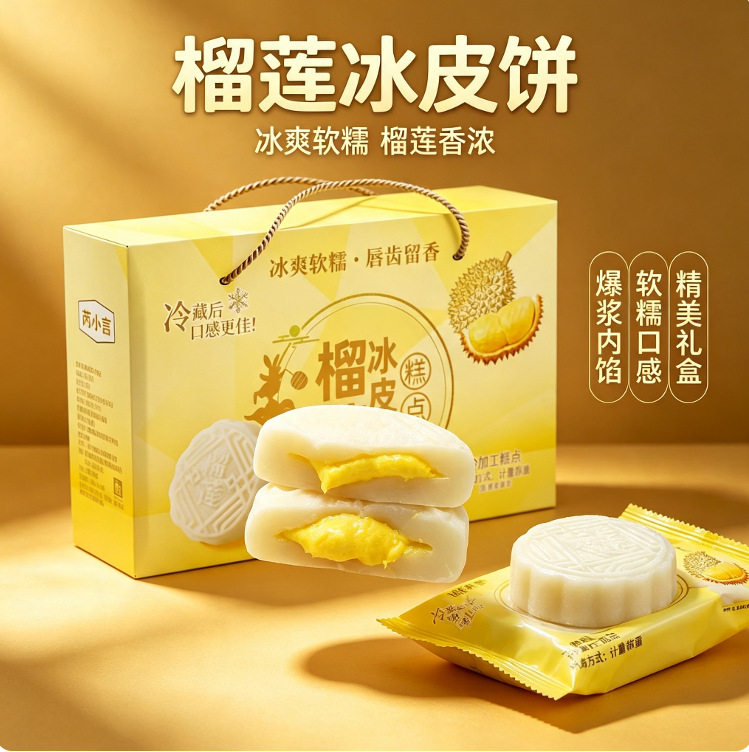 中秋节榴莲冰皮月饼糕点节日礼盒装8个夹心爆浆糕点新鲜日期9wr