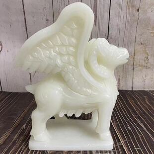 天然白玉上古神兽白泽带翅膀羊摆件山海经家居客厅酒柜装饰品摆设