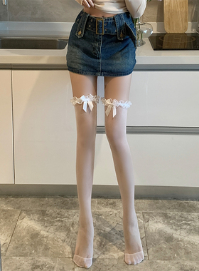 白色蝴蝶结袜子女夏季薄款蕾丝花边过膝袜黑色性感纯欲大腿长筒袜